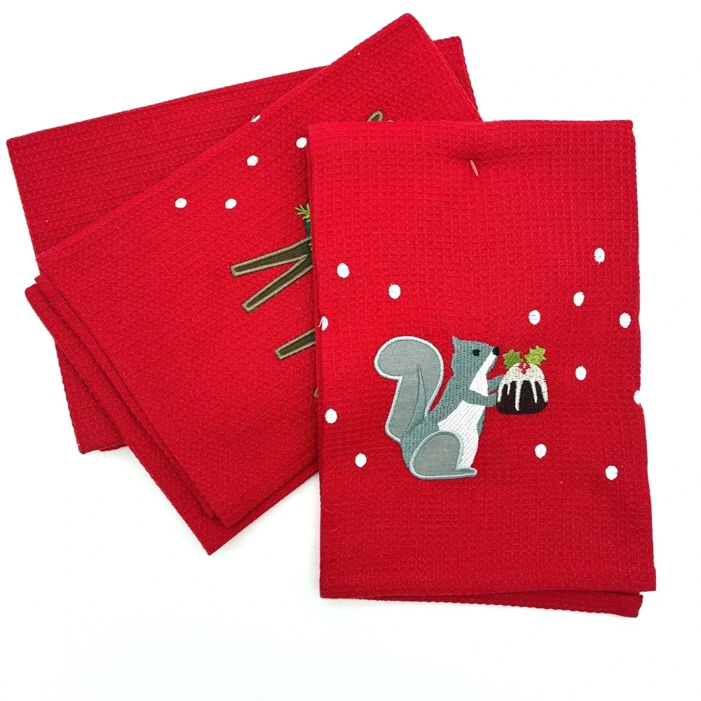 Crate and Barrel Holiday Critters Kitchen Towels Set of 3 Christmas Bear Deer